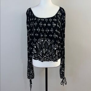 Free People Black Long Sleeve Tie Front Crop Blouse